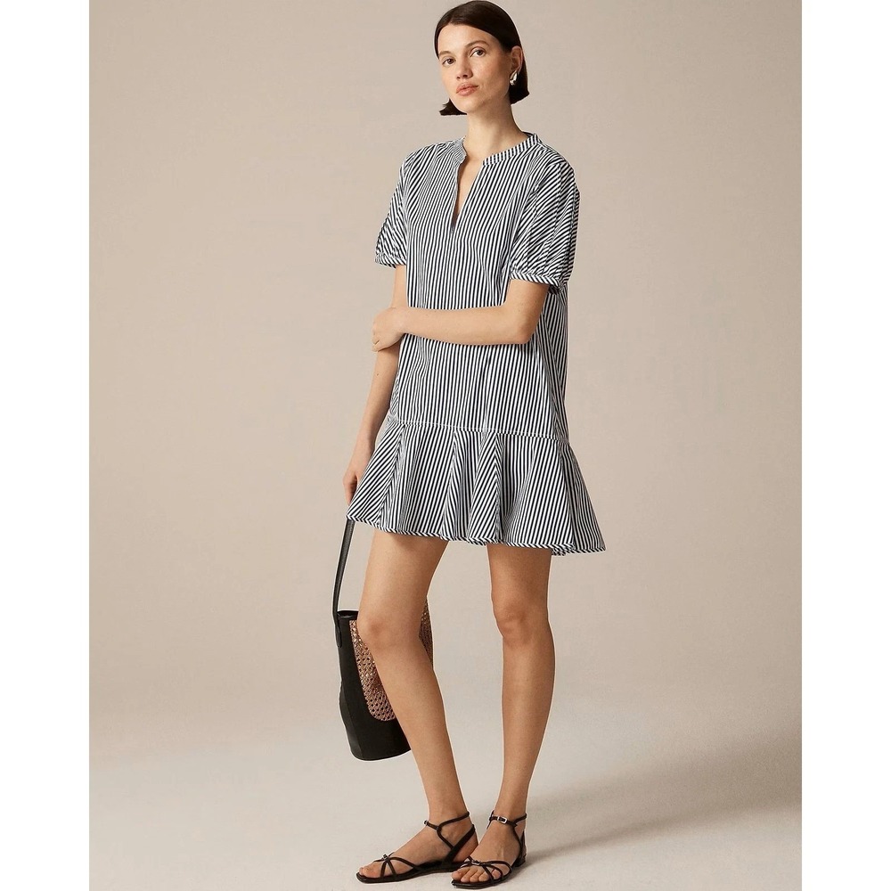 J.Crew Delilah puff sleeve mini dress striped navy cotton poplin Medium Tall NWT